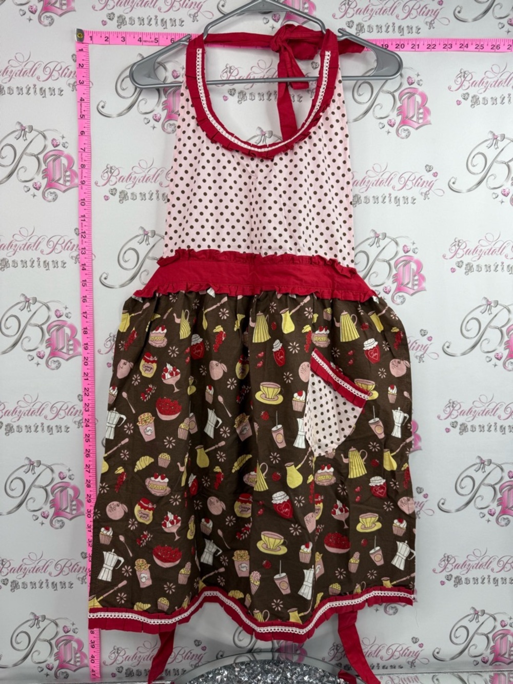 Apron Halter Midi apron Dress food baking Print Brown & Pink Polka with pocket